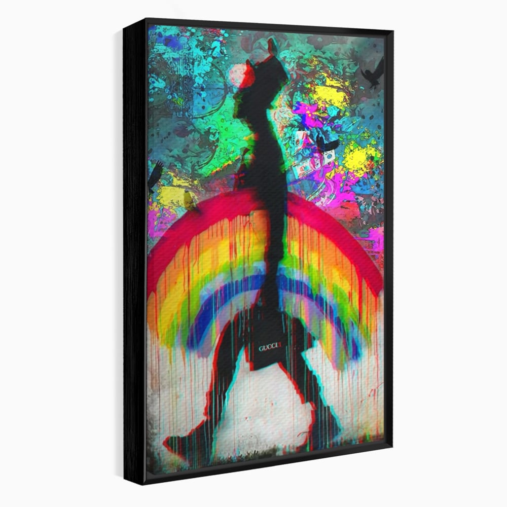 Tablou canvas cu tablou canvas cu silueta si curcubeu graffiti, in rama de aluminiu negru